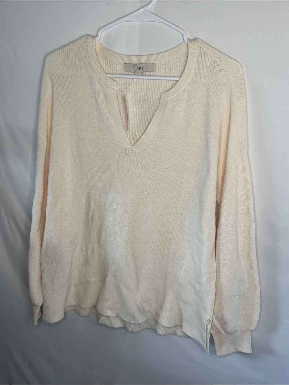 LOFT Cream V-Notch Long Sleeve Knit Pullover